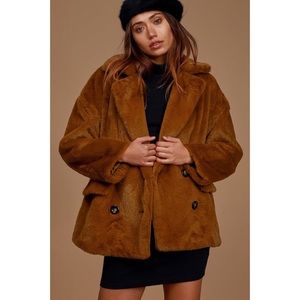 Free People Brown Faux Fur Double Breasted Coat